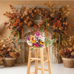 Aperturee - Aperturee Rustic Autumn Fall Photography Backdrop with Fireplace Mantel Golden Leaves and Pampas Grass Decor