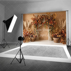 Aperturee - Aperturee Rustic Autumn Fall Photography Backdrop with Fireplace Mantel Golden Leaves and Pampas Grass Decor