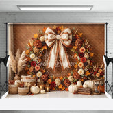Aperturee - Aperturee Rustic Autumn Fall Wreath Photography Backdrop Elegant Cream Bow Pumpkins and Harvest Decor