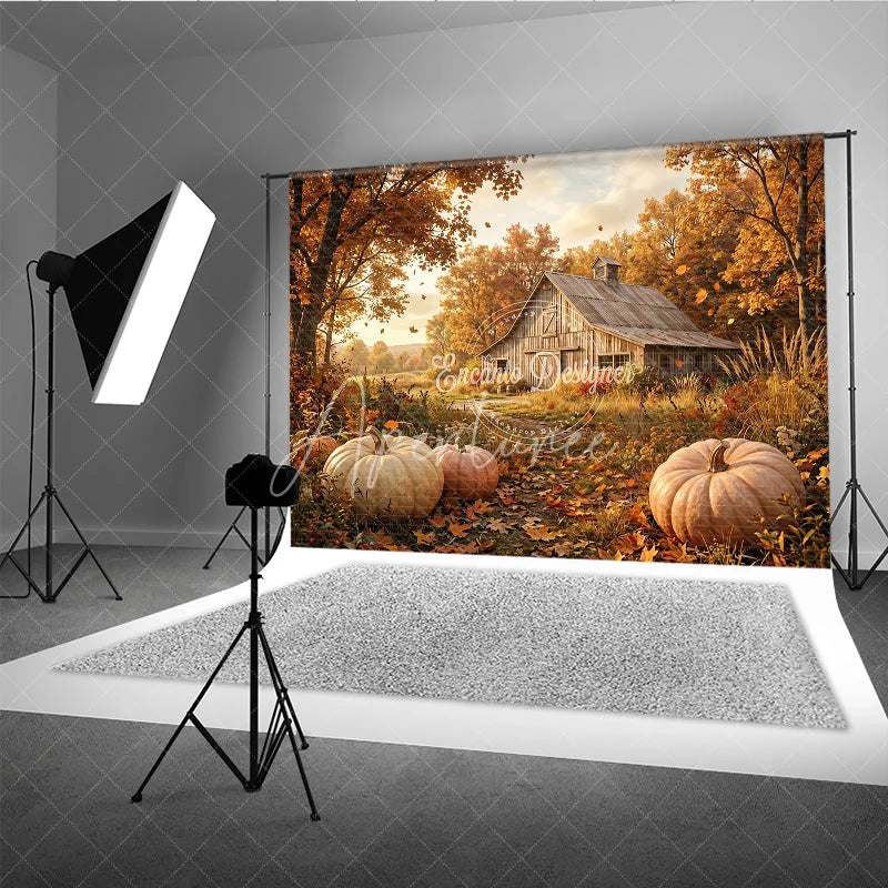 Aperturee - Aperturee Rustic Autumn Farm Photography Backdrop with Golden Trees Falling Leaves and Pumpkins for Fall Harvest Decor