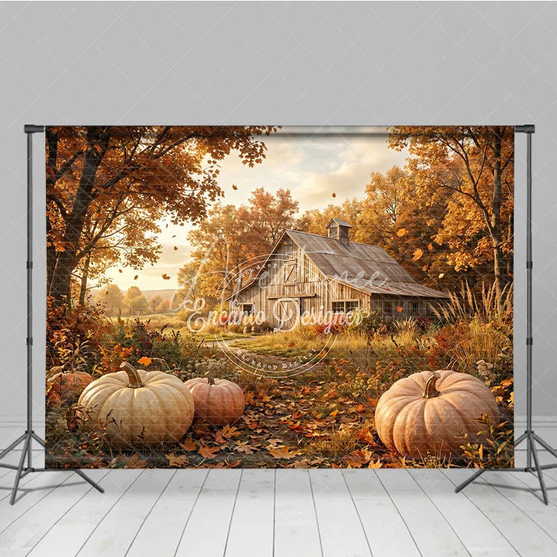 Aperturee - Aperturee Rustic Autumn Farm Photography Backdrop with Golden Trees Falling Leaves and Pumpkins for Fall Harvest Decor