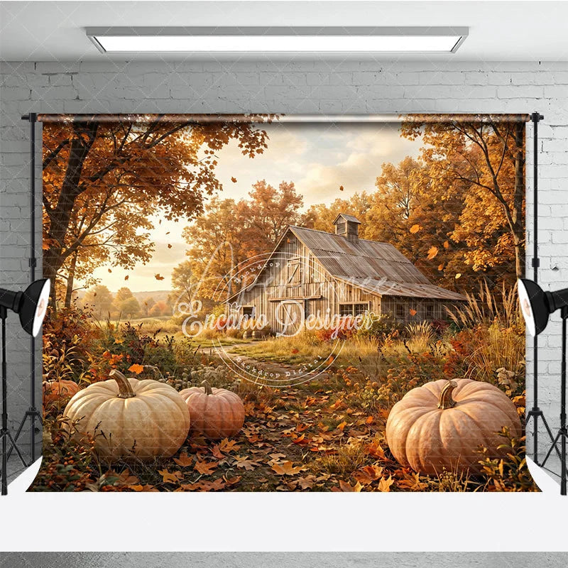 Aperturee - Aperturee Rustic Autumn Farm Photography Backdrop with Golden Trees Falling Leaves and Pumpkins for Fall Harvest Decor