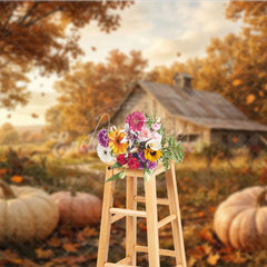 Aperturee - Aperturee Rustic Autumn Farm Photography Backdrop with Golden Trees Falling Leaves and Pumpkins for Fall Harvest Decor