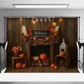 Aperturee - Aperturee Rustic Autumn Fireplace Photography Backdrop Welcome Home Fall with Pumpkins Thanksgiving Mini Session Background