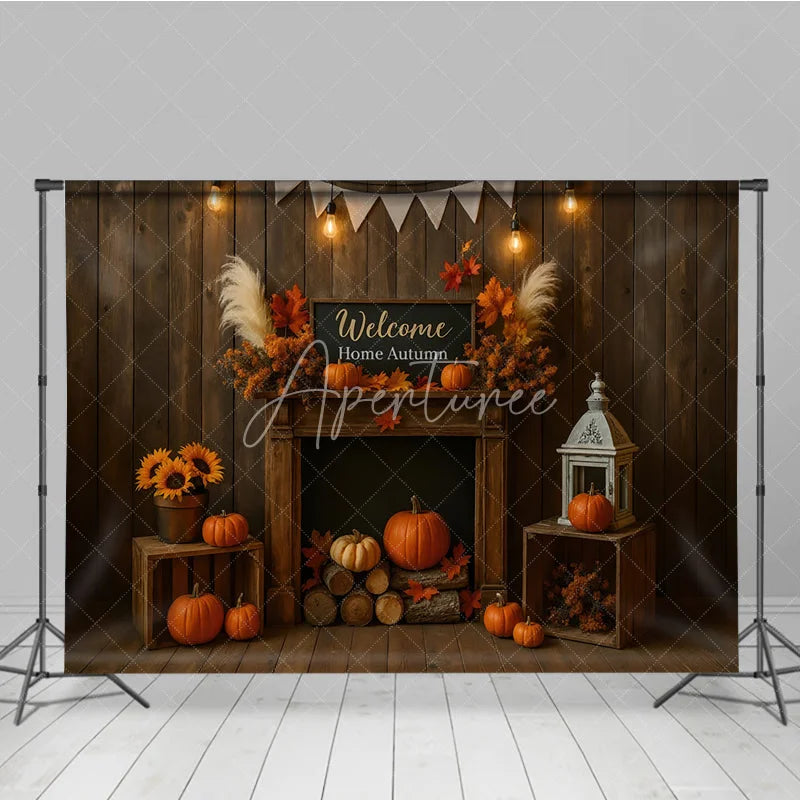 Aperturee - Aperturee Rustic Autumn Fireplace Photography Backdrop Welcome Home Fall with Pumpkins Thanksgiving Mini Session Background