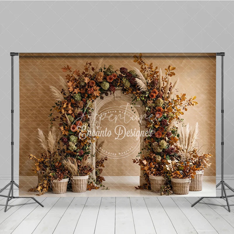 Aperturee - Aperturee Rustic Autumn Floral Arch Photography Backdrop with Fall Foliage and Pampas Grass Elegant Harvest Celebration Decor