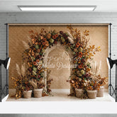 Aperturee - Aperturee Rustic Autumn Floral Arch Photography Backdrop with Fall Foliage and Pampas Grass Elegant Harvest Celebration Decor