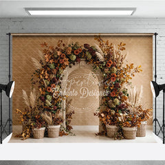 Aperturee - Aperturee Rustic Autumn Floral Arch Photography Backdrop with Fall Foliage and Pampas Grass Elegant Harvest Celebration Decor