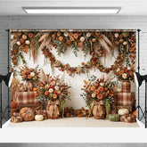 Aperturee - Aperturee Rustic Autumn Floral Garland Photography Backdrop with Pumpkins and Plaid Decor White Brick Wall Theme