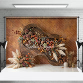 Aperturee - Aperturee Rustic Autumn Floral Photography Backdrop with Pampas Grass and Textured Wall Elegant Fall Season Decor