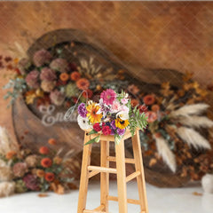Aperturee - Aperturee Rustic Autumn Floral Photography Backdrop with Pampas Grass and Textured Wall Elegant Fall Season Decor