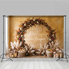 Aperturee - Aperturee Rustic Autumn Foliage Arch Photography Backdrop with Pampas Grass Pumpkins and Lanterns for Fall Decor