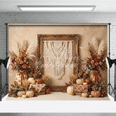 Aperturee - Aperturee Rustic Autumn Harvest Photography Backdrop with Macrame Wall Art Pumpkins and Pampas Grass Decor