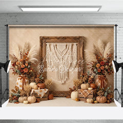 Aperturee - Aperturee Rustic Autumn Harvest Photography Backdrop with Macrame Wall Art Pumpkins and Pampas Grass Decor