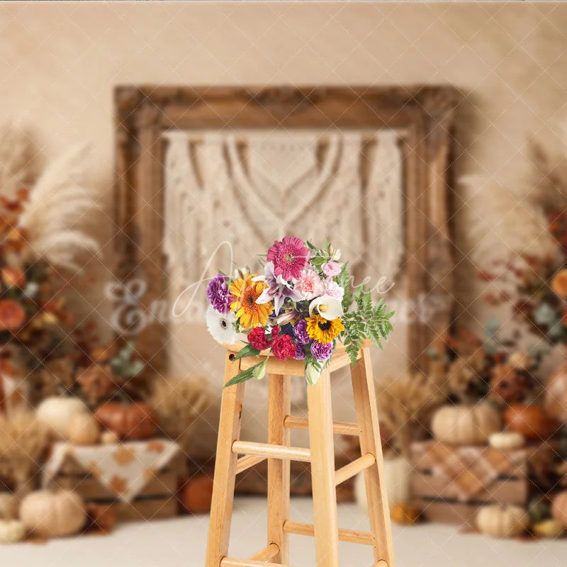 Aperturee - Aperturee Rustic Autumn Harvest Photography Backdrop with Macrame Wall Art Pumpkins and Pampas Grass Decor