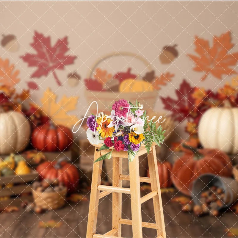 Aperturee - Aperturee Rustic Autumn Harvest Photography Backdrop with Pumpkins and Fall Leaves perfect for Thanksgiving Decor