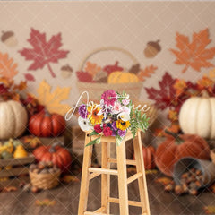 Aperturee - Aperturee Rustic Autumn Harvest Photography Backdrop with Pumpkins and Fall Leaves perfect for Thanksgiving Decor