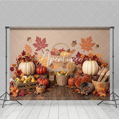 Aperturee - Aperturee Rustic Autumn Harvest Photography Backdrop with Pumpkins and Fall Leaves perfect for Thanksgiving Decor