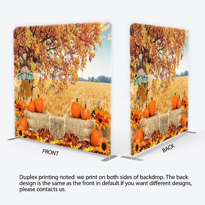 Aperturee - Aperturee Rustic Autumn Harvest Square Double-Sided Backdrop with Scarecrow Pumpkins and Golden Wheat Field for Fall Decor