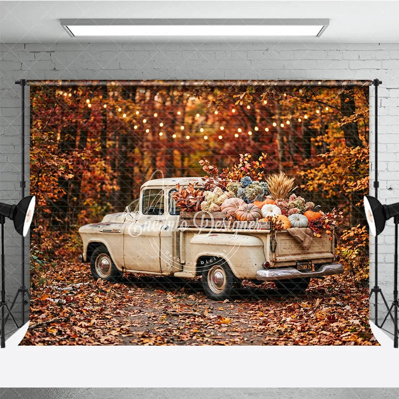 Aperturee - Aperturee Rustic Autumn Harvest Vintage Truck Photography Backdrop with Pumpkins Fall Leaves and String Lights