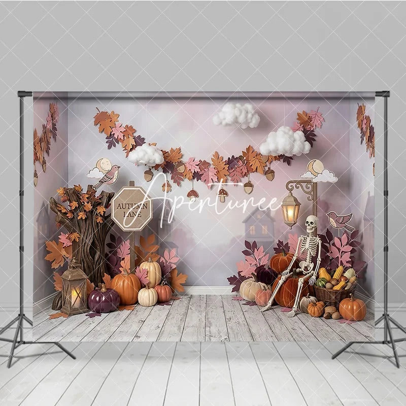 Aperturee - Aperturee Rustic Autumn Lane Photography Backdrop with Pumpkins Skeleton and Fall Leaves Ideal for Halloween Party Decor