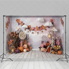 Aperturee - Aperturee Rustic Autumn Lane Photography Backdrop with Pumpkins Skeleton and Fall Leaves Ideal for Halloween Party Decor