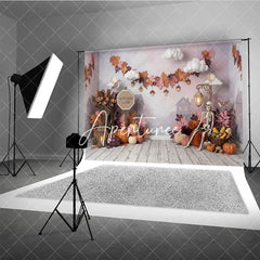 Aperturee - Aperturee Rustic Autumn Lane Photography Backdrop with Pumpkins Skeleton and Fall Leaves Ideal for Halloween Party Decor