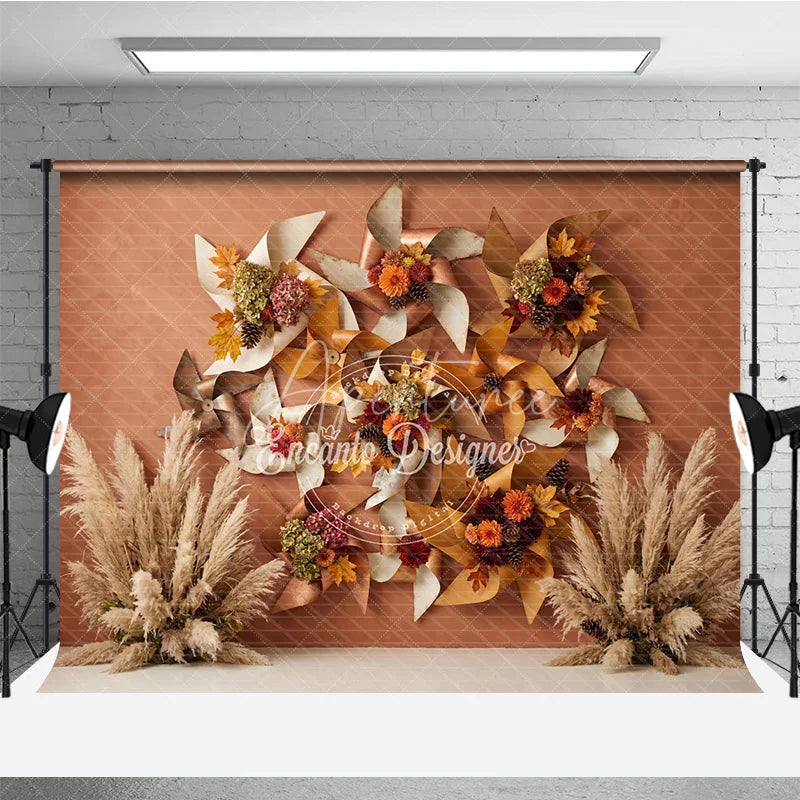 Aperturee - Aperturee Rustic Autumn Leaves and Pampas Grass Photography Backdrop Fall Pinwheel Harvest Celebration Decor