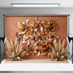 Aperturee - Aperturee Rustic Autumn Leaves and Pampas Grass Photography Backdrop Fall Pinwheel Harvest Celebration Decor