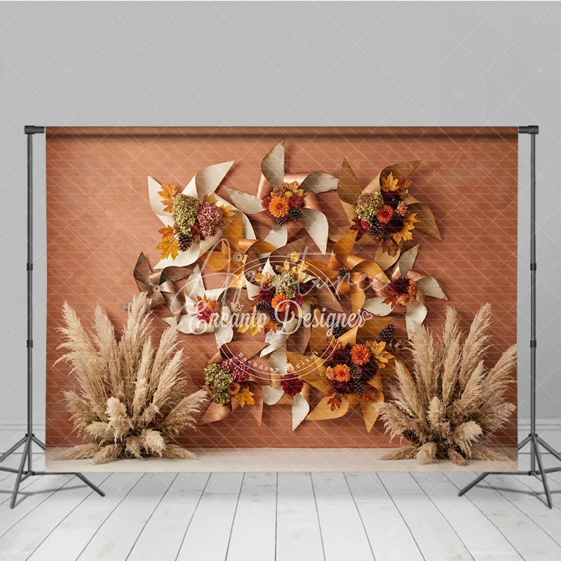 Aperturee - Aperturee Rustic Autumn Leaves and Pampas Grass Photography Backdrop Fall Pinwheel Harvest Celebration Decor