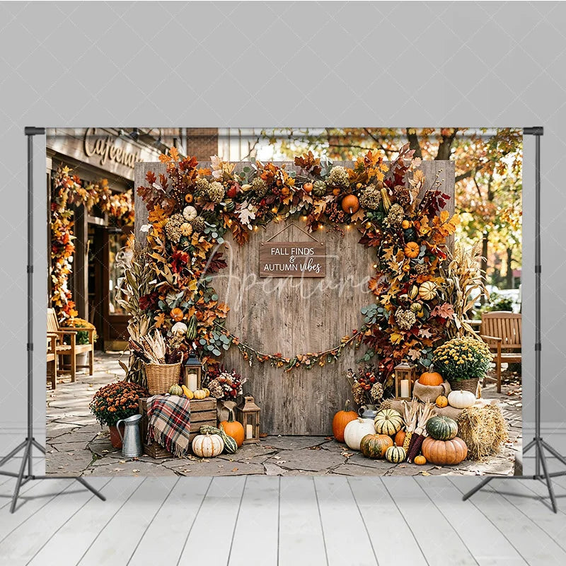 Aperturee - Aperturee Rustic Autumn Leaves and Pumpkins Photography Backdrop Fall Finds and Autumn Vibes Wood Wall Decor