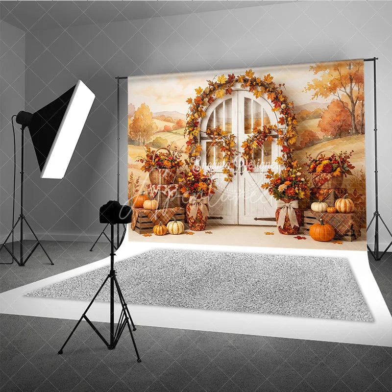 Aperturee - Aperturee Rustic Autumn Photography Backdrop with Fall Leaves Pumpkins and a White Arched Door for Seasonal Decor