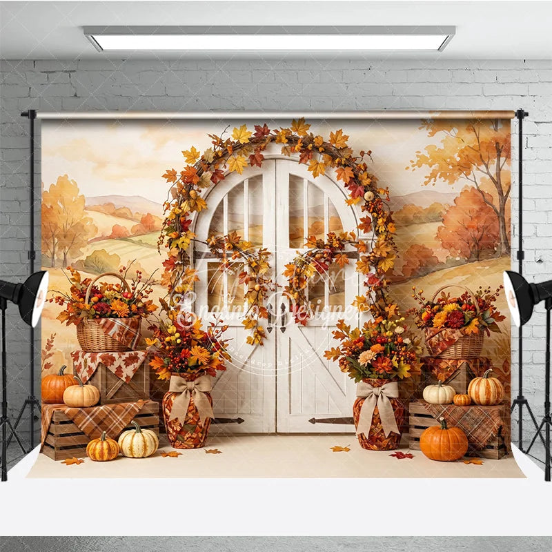 Aperturee - Aperturee Rustic Autumn Photography Backdrop with Fall Leaves Pumpkins and a White Arched Door for Seasonal Decor