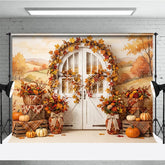 Aperturee - Aperturee Rustic Autumn Photography Backdrop with Fall Leaves Pumpkins and a White Arched Door for Seasonal Decor