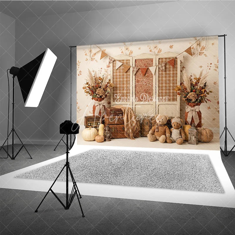 Aperturee - Aperturee Rustic Autumn Photography Backdrop with Plaid Screen Vintage Suitcases Pumpkins and Teddy Bears for Fall Portraits