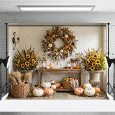 Aperturee - Aperturee Rustic Autumn Photography Backdrop with Sunflowers Pumpkins and a Festive Fall Wreath White Brick Wall Decor