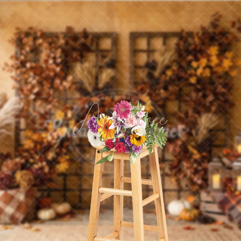 Aperturee - Aperturee Rustic Autumn Photography Backdrop with Vibrant Fall Foliage Pampas Grass and Cozy Lanterns Harvest Decor
