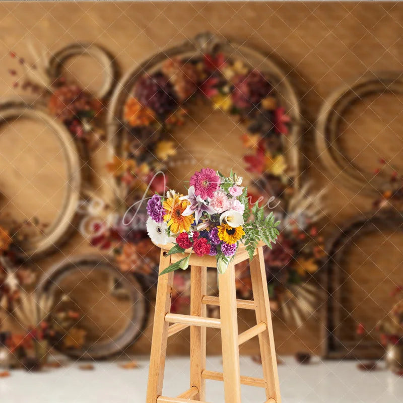 Aperturee - Aperturee Rustic Autumn Photography Backdrop with Vintage Golden Frames Fall Leaves Pinecones and Wheat for Seasonal Portraits