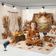 Aperturee - Aperturee Rustic Autumn Room Set Backdrop with Fall Landscape Painting Teddy Bears and Pumpkins for Thanksgiving Photoshoot