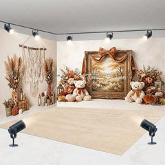 Aperturee - Aperturee Rustic Autumn Room Set Backdrop with Fall Landscape Painting Teddy Bears and Pumpkins for Thanksgiving Photoshoot