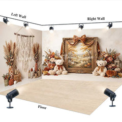 Aperturee - Aperturee Rustic Autumn Room Set Backdrop with Fall Landscape Painting Teddy Bears and Pumpkins for Thanksgiving Photoshoot