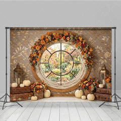 Aperturee - Aperturee Rustic Autumn Round Window Photography Backdrop with Fall Garland Pumpkins and Vintage Suitcases for Photoshoots