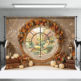 Aperturee - Aperturee Rustic Autumn Round Window Photography Backdrop with Fall Garland Pumpkins and Vintage Suitcases for Photoshoots