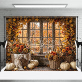 Aperturee - Aperturee Rustic Autumn Window Photography Backdrop with Golden Leaves and Pumpkins Fall Harvest Decor