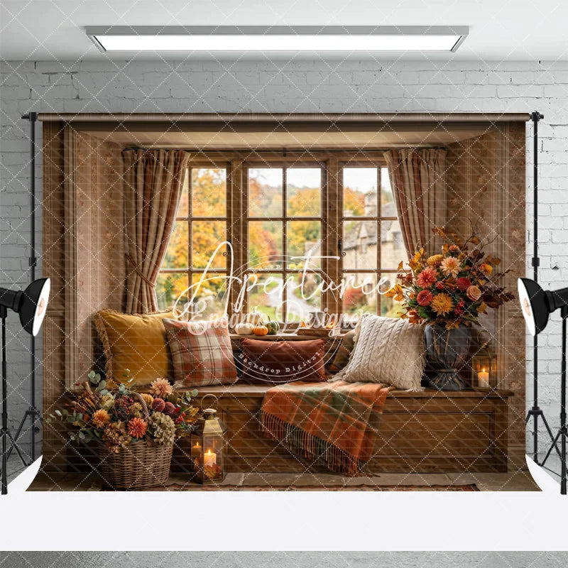 Aperturee - Aperturee Rustic Autumn Window Seat Photography Backdrop Fall Foliage and Pumpkins with Cozy Plaid Decor for Seasonal Portraits