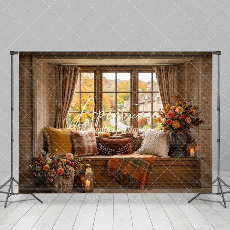 Aperturee - Aperturee Rustic Autumn Window Seat Photography Backdrop Fall Foliage and Pumpkins with Cozy Plaid Decor for Seasonal Portraits