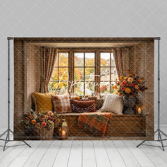 Aperturee - Aperturee Rustic Autumn Window Seat Photography Backdrop Fall Foliage and Pumpkins with Cozy Plaid Decor for Seasonal Portraits