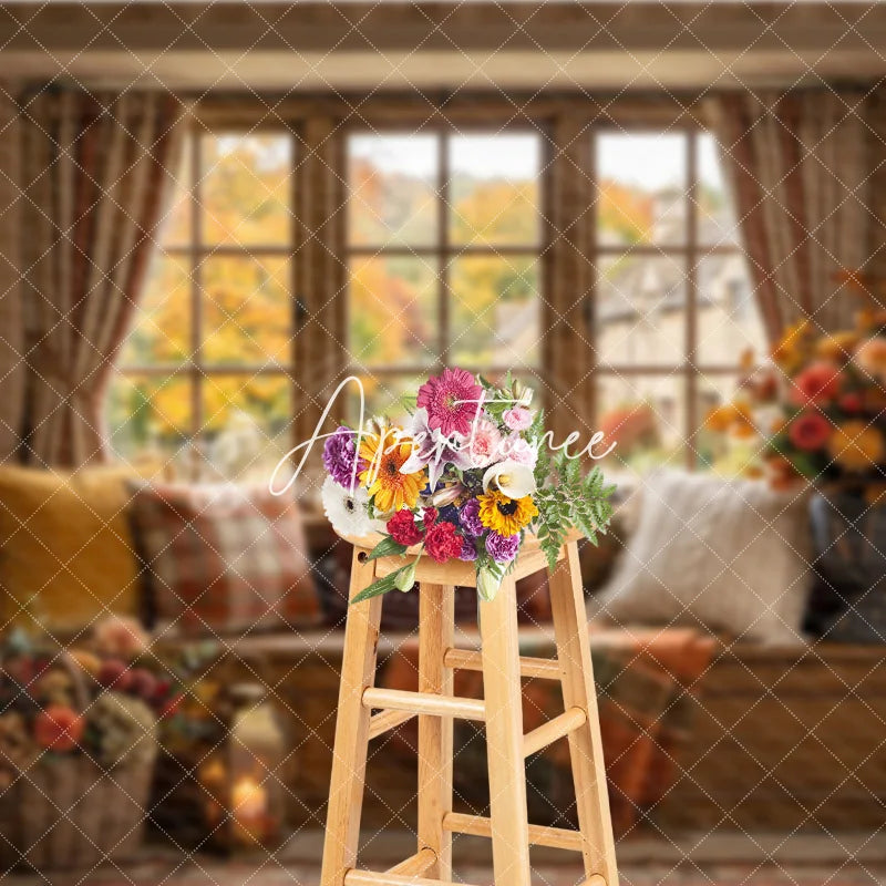 Aperturee - Aperturee Rustic Autumn Window Seat Photography Backdrop Fall Foliage and Pumpkins with Cozy Plaid Decor for Seasonal Portraits
