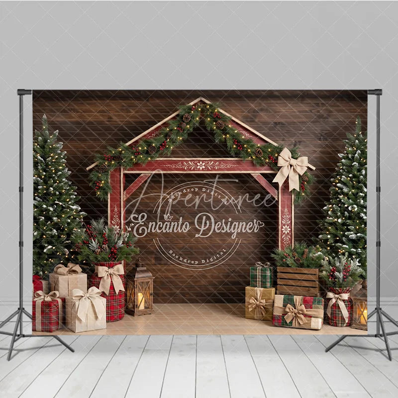 Aperturee - Aperturee Rustic Barn Arch Holiday Backdrop with Pine Garlands Red Berries Christmas Trees and Wrapped Gifts