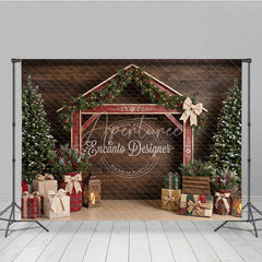 Aperturee - Aperturee Rustic Barn Arch Holiday Backdrop with Pine Garlands Red Berries Christmas Trees and Wrapped Gifts